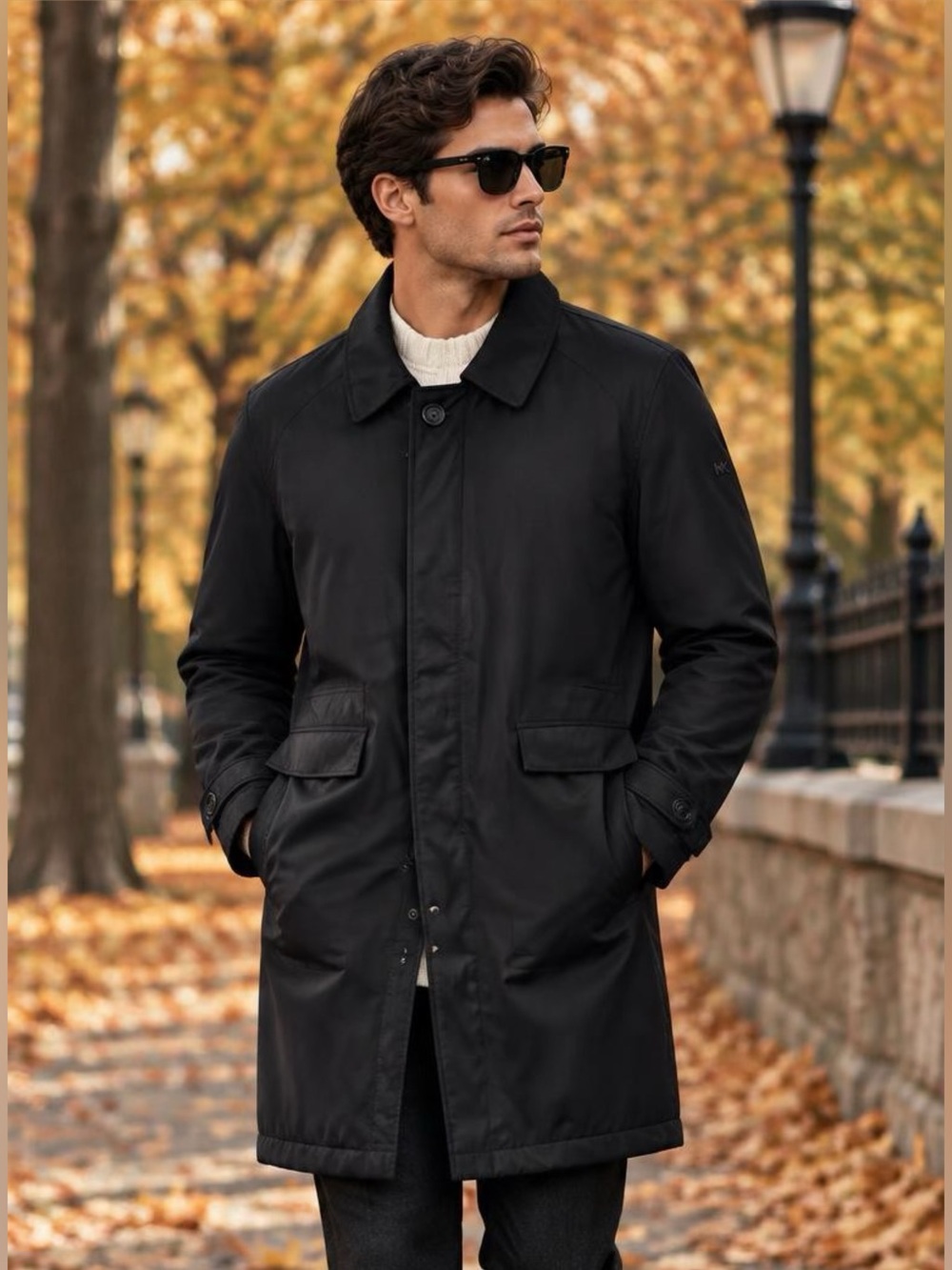 Michael Kors Men's Black Trench Coat with Flap Pockets